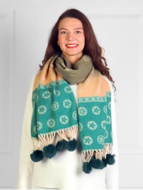 Cashmere Feeling 3-Tone Scarf with Pom pom 